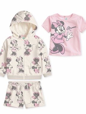 Minnie Mouse Pink & Cream 3-Piece Hoodie Tee Short Set